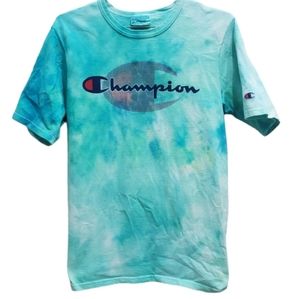 Ice Dye Vtg Champion M Tee T-shirt Teal Aqua Art Logo upcycled OOAK Festival